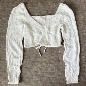 Aeropostale White Boho Cinch‎ Front Long Sleeve Crop Top Smocked Small